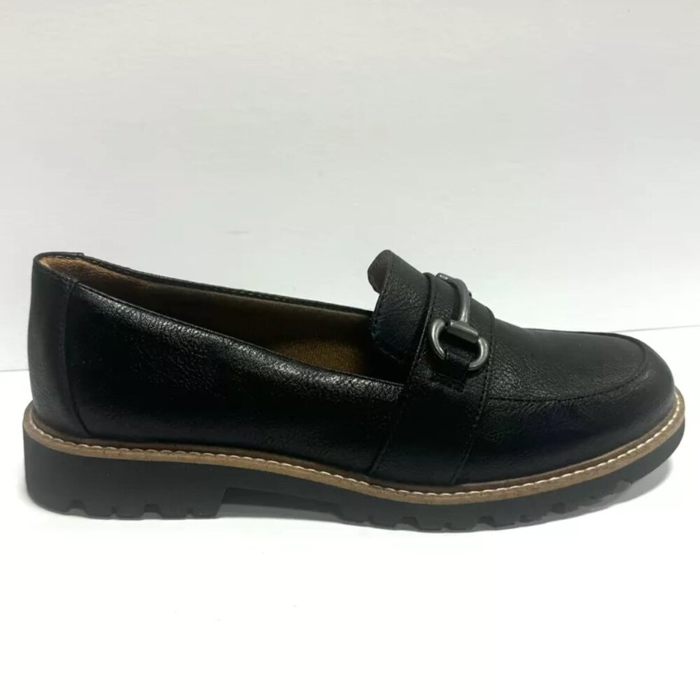 Women's Black Leather Slip-On Loafers with Silver Buckle